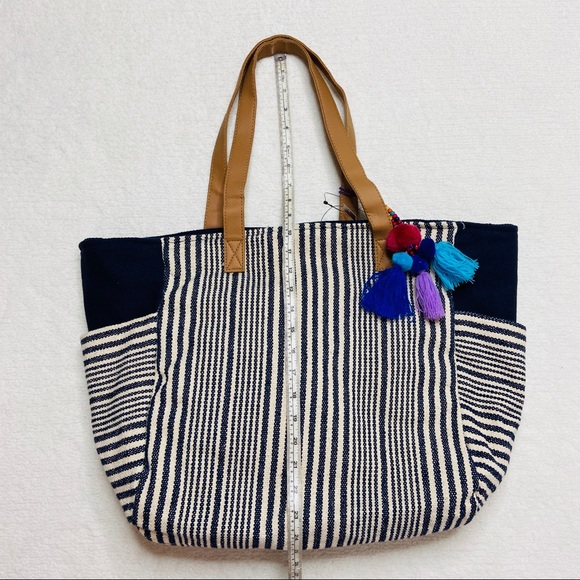 Tote Bag Beach Striped Blue White Canvas Tassels - Picture 4 of 8